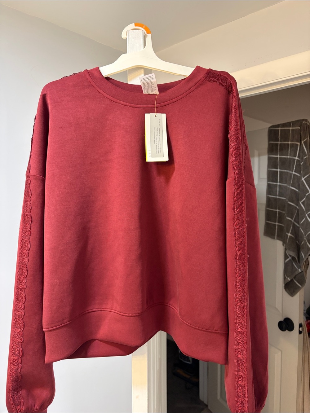 BNWT Women's Crewneck Sweater - Burgundy with lace detail super soft